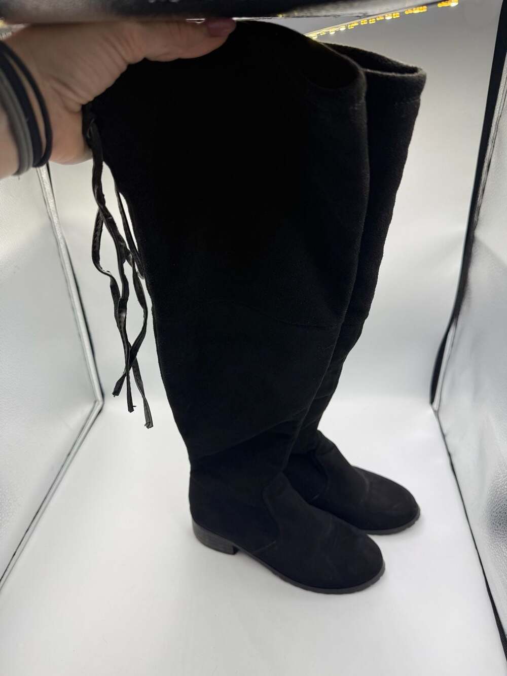 Black Over The Knee Boots Black Faux Suede Back Tie Low Heel